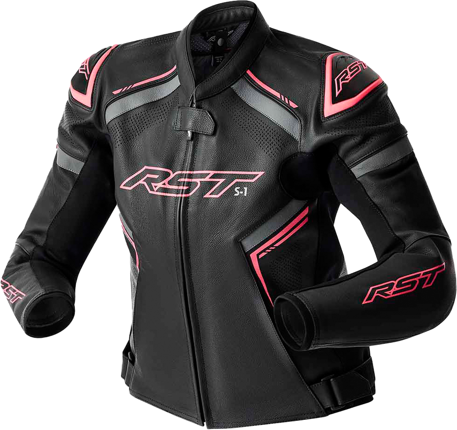 WOMENS S1 D3O LEATHER JACKET BLK/FLO PINK