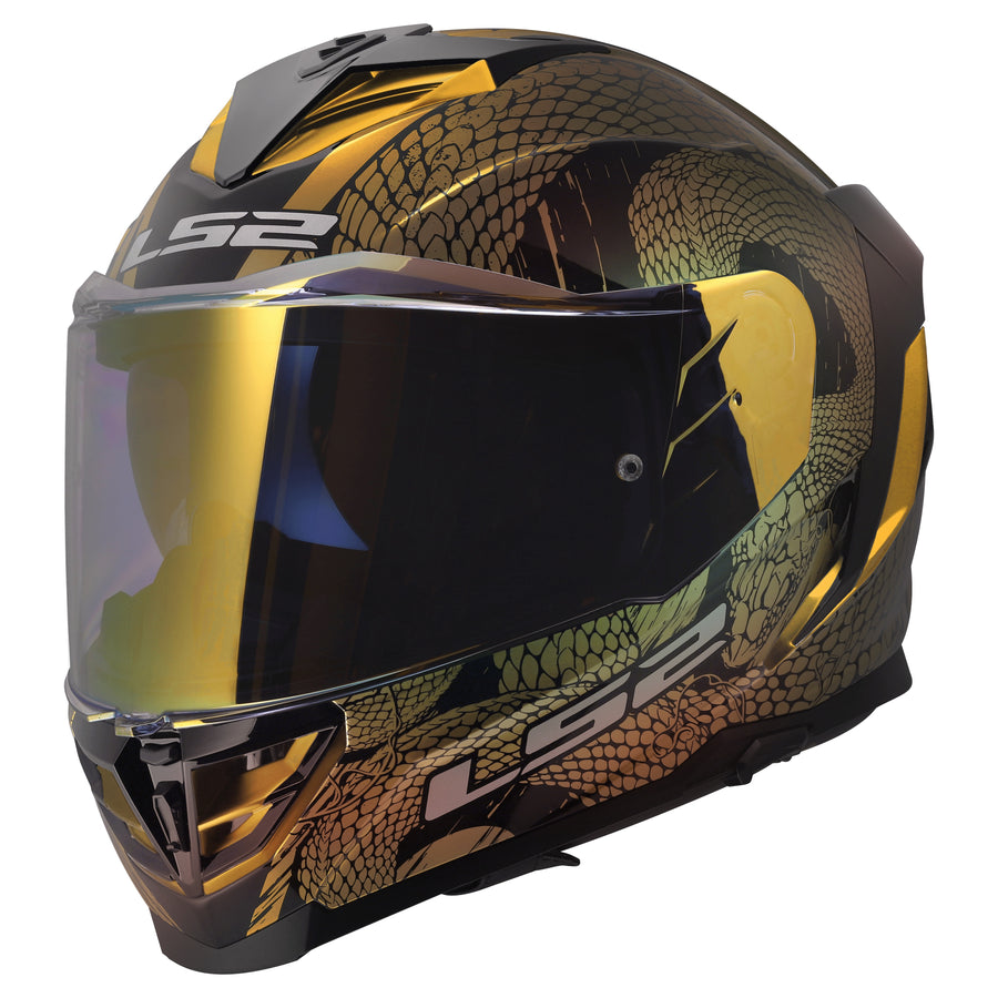 Assault III Snakebite Full Face Motorcycle Helmet W/ SunShield Krome Black Gold