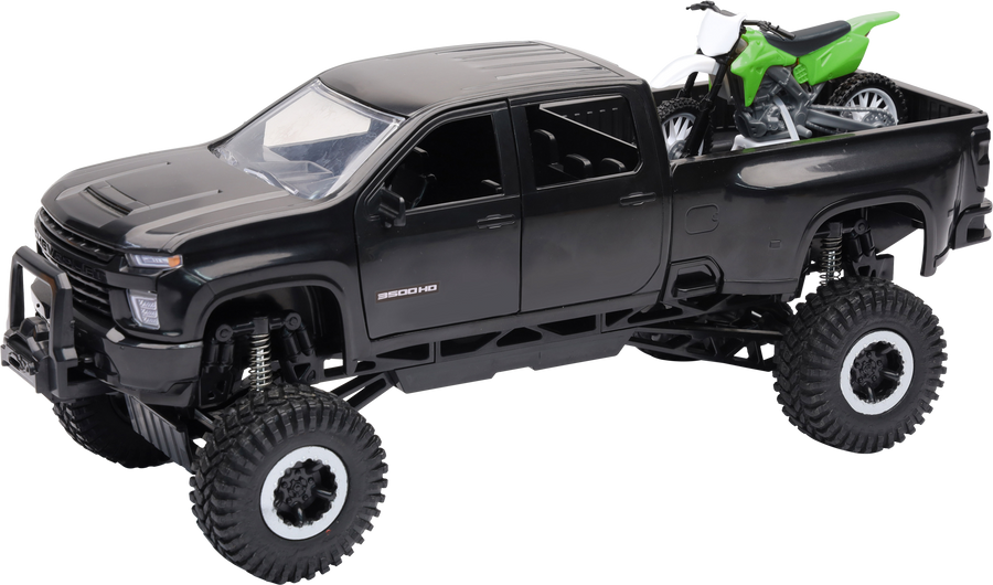 1:20 SCALE CHEVROLET 3500 HD OFFROAD PICKUP W/GRN DIRT BIKE | SS-37596