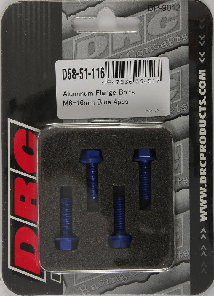 ALUMINUM FLANGE BOLTS BLUE M6X16MM 4/PK